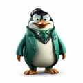Friendly Penguin In Green Suit: Photorealistic Rendering And Disney Animation Style