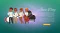 Jazz band with cartoon characters singer, saxophonist and double-bass player musicians web banner vector illustration. Royalty Free Stock Photo