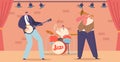 Jazz Band Character On Stage with Banjo, Drum and Trumpet Create An Electrifying Atmosphere Cartoon Vector Illustration