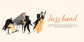 Jazz band concert banner with pianist, saxophonist and double bass player