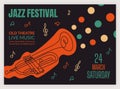 Jazz band festival poster. Party invitation. Trumpet concert. Color music acoustic instrument. Musical performance Royalty Free Stock Photo