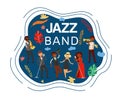 Jazz band inscription, composite on banner, saxophone concert music, stage equipment, design cartoon style vector Royalty Free Stock Photo
