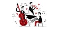 Jazz band music festival. Three jazz players playing group music in a concert isolated flat vector. Pianist playing piano, trumpet