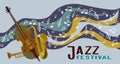 Jazz band musical instruments on decorative background with notes and lettering.