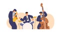 Jazz band with saxophone, drum kit and double bass. Musicians men in suits playing blues. Drummer, saxophonist and cello