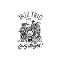 Jazz band. Singer with microphone, guitarist and drummer. The trio play instruments. Hand drawn logo or badge. Sketch Royalty Free Stock Photo