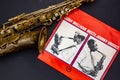 Jazz bebop vinyl cover from the 60s on black background with sax instrument Royalty Free Stock Photo