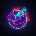 Jazz cafe logo in neon style. Neon sign symbol, emblem, light banner, luminous sign. Bright Neon Night Advertising for Royalty Free Stock Photo