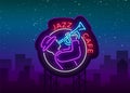 Jazz cafe logo in neon style. Neon sign symbol, emblem, light banner, luminous sign. Bright Neon Night Advertising for Royalty Free Stock Photo