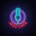 Jazz cafe is a neon sign. Symbol, neon-style logo, bright night banner, luminous advertising on Jazz music for Jazz cafe Royalty Free Stock Photo