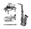 Jazz classical wind instruments. Musical Saxophone Tuba and Grand Piano. Hand drawn monochrome engraved vintage sketch.