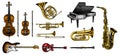 Jazz classical wind instruments set. Musical Trombone Trumpet Flute Bass guitar Semi-acoustic French horn Saxophone