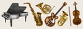 Jazz classical wind instruments set. Musical Trombone Trumpet Flute Bass guitar Semi-acoustic French horn Saxophone