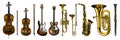 Jazz classical wind instruments set. Musical Trombone Trumpet Flute Bass guitar Semi-acoustic French horn Saxophone