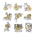 Jazz club labels set. Vintage hand drawn vector Illustrations