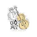 Jazz club logo design, vintage music label with cellist, element for flyer, card, leaflet or banner, hand drawn vector