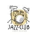 Jazz club logo design, vintage music label with drum kit, element for flyer, card, leaflet or banner, hand drawn vector