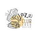 Jazz club logo design, vintage music label with gramophone, element for flyer, card, leaflet or banner, hand drawn Royalty Free Stock Photo