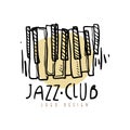 Jazz club logo design, vintage music label with piano keyboard, element for flyer, card, leaflet or banner, hand drawn