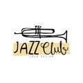 Jazz club logo design, vintage music label with trumpet, element for flyer, card, leaflet or banner, hand drawn vector