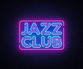 Jazz Club neon sign vector. Jazz Music design template neon sign, light banner, neon signboard, nightly bright Royalty Free Stock Photo