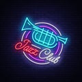 Jazz Club Neon Vector. Neon sign, Logo, Brilliant Banner, Bright Night Advertising for your projects on Jazz Music. Live Royalty Free Stock Photo