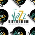 Jazz concept. Vinyl record, piano keyboard and word Jazz. Letter J - saxophone. Seamless pattern. Muffled green, ocher, black elem