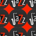 Jazz concept. Vinyl record and word Jazz. Letter J - saxophone. Seamless pattern. Red, black and white elements. Red background Royalty Free Stock Photo