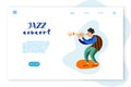 Jazz concert landing page layout. Trumpet player cartoon character