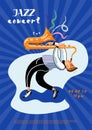 Jazz concert leaflet template. Saxophone player cartoon character