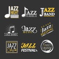 Jazz concert logo labels set isolated on black background