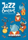 Jazz concert music poster design with cartoon animals playing music instruments Royalty Free Stock Photo