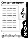 Jazz concert program template with cut out of guitar, treble clef and some notes in stave, musical leaflet, monochrome Royalty Free Stock Photo