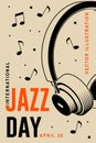 Jazz Day. Poster background template for music festival. Classical black retro headphones event flyer design. April 30 Royalty Free Stock Photo