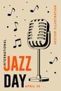 Jazz Day. Poster background template for music festival. Classical Retro style microphone event flyer design. April 30 Royalty Free Stock Photo
