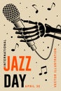 Jazz Day. Poster background template for music festival. Skeleton hand with retro microphone event flyer design. April Royalty Free Stock Photo