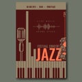 Jazz festival concert poster template design with vintage retro mike silhouette and piano keyboard and flower guitar