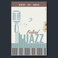 Jazz festival concert poster template design with vintage retro mike silhouette and piano keyboard and flower guitar