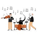 Jazz festival concert vector illustration. Cartoon flat musician characters band playing jazz music at live concert. Musician Royalty Free Stock Photo