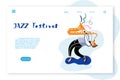 Jazz festival landing page template. Saxophone player cartoon character
