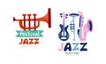 Jazz Festival Logo Templates Collection, Live Concert or Musical Event Badges Cartoon Vector Illustration