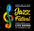 Jazz festival poster template with a treble clef and text on a black background Royalty Free Stock Photo