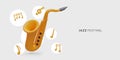 Jazz festival. Realistic yellow saxophone, music notes, treble clef. Invitation to musical event Royalty Free Stock Photo