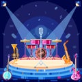 Jazz festival stage, vector flat illustration. Music instruments and spotlights equipment on scene podium