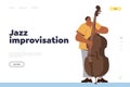 Jazz improvisation landing page design template with cartoon man contrabassist playing double bass