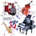Jazz instruments. Saxophone, piano, drums and double bass. Isolated on white background. Royalty Free Stock Photo