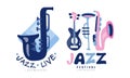 Jazz Live Logo Design Templates Collection, Music Festival Labels Cartoon Vector Illustration