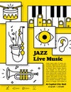 Jazz live music banner poster with ear, eye and instrument saxophone, drum, piano, trumpet, double bass illustration vector. it`s