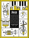 Jazz live music banner poster with ear and instrument saxophone, drum, piano, trumpet, double bass illustration vector. Jazz music