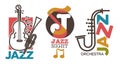 Jazz logo set with saxophone and double bass guitar icons Royalty Free Stock Photo